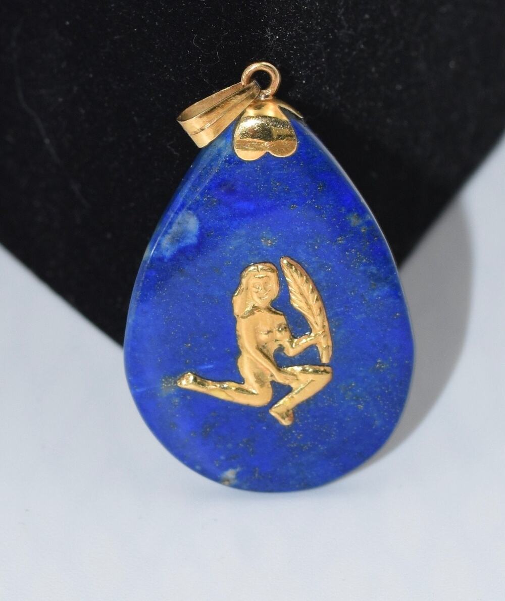 Vintage 18k Gold & Lapis Lazuli Gemstone Horoscope Virgo Pendant